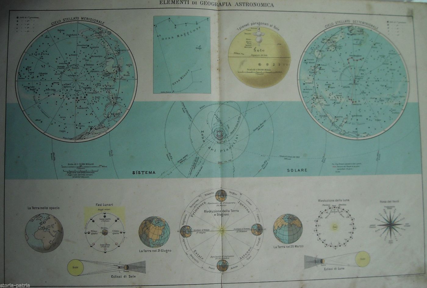 Mappa Astronomica Antica Con Planisfero Celeste De Agostini, Anni '20
