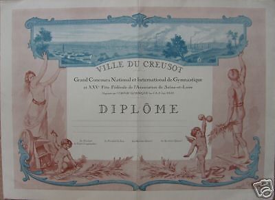 Diploma Ginnastica Le Creusot 1930 Illustrato E. Chaine Originale