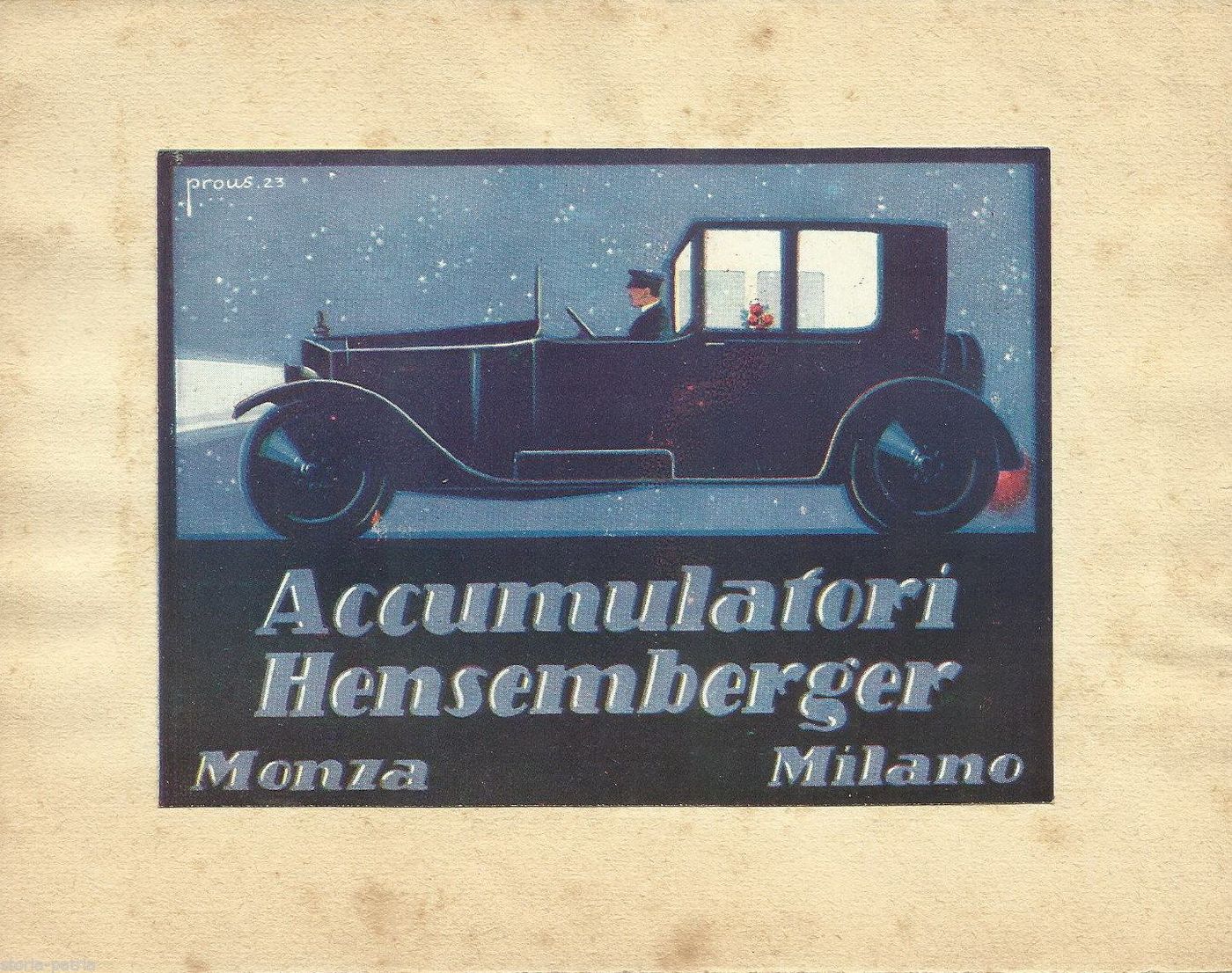 Stampa Pubblicitaria Accumulatori Hensemberger, Monza. Illustrazione Di Prous, 1923