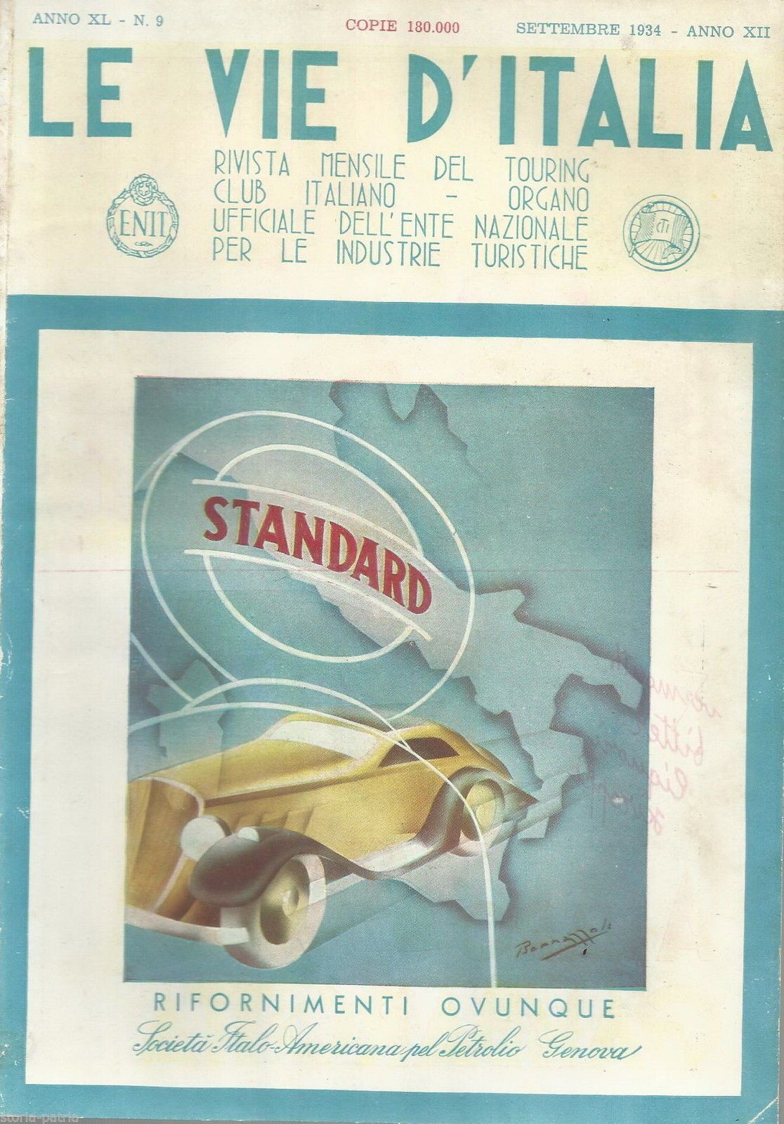 Pubblicità Standard Petrolio 1934 Automobilismo Bernazzoli
