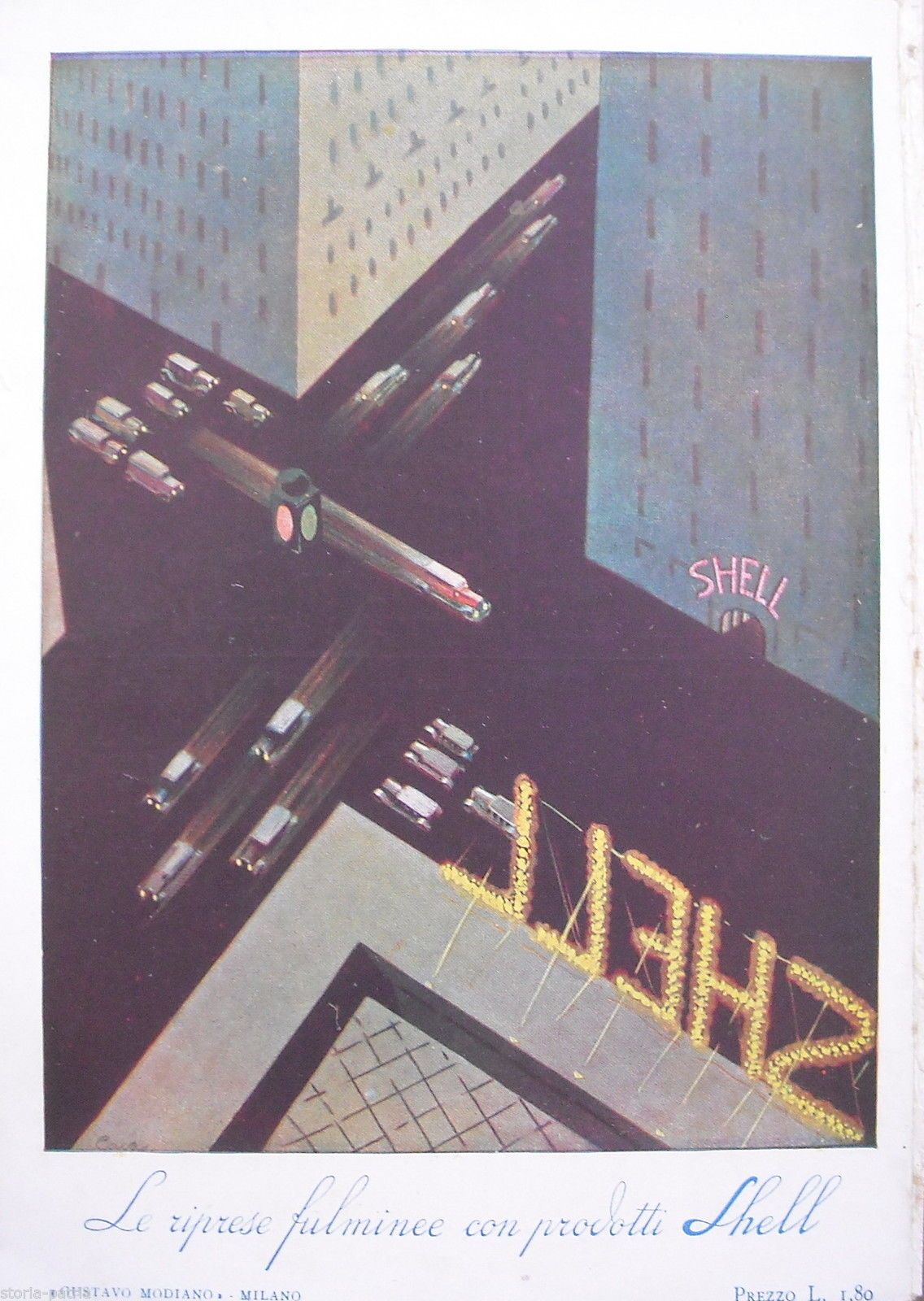 Pubblicità Shell Anni '30 Stile Futurista Copertina TCI Vintage