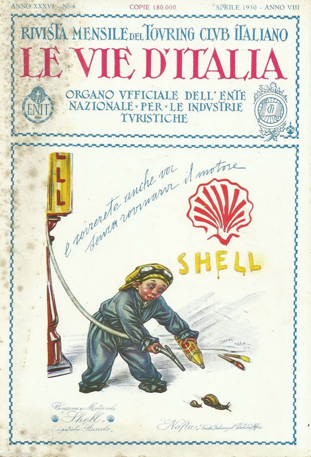 Pubblicità Shell 1930 Illustrazione Mazza Copertina Rivista TCI