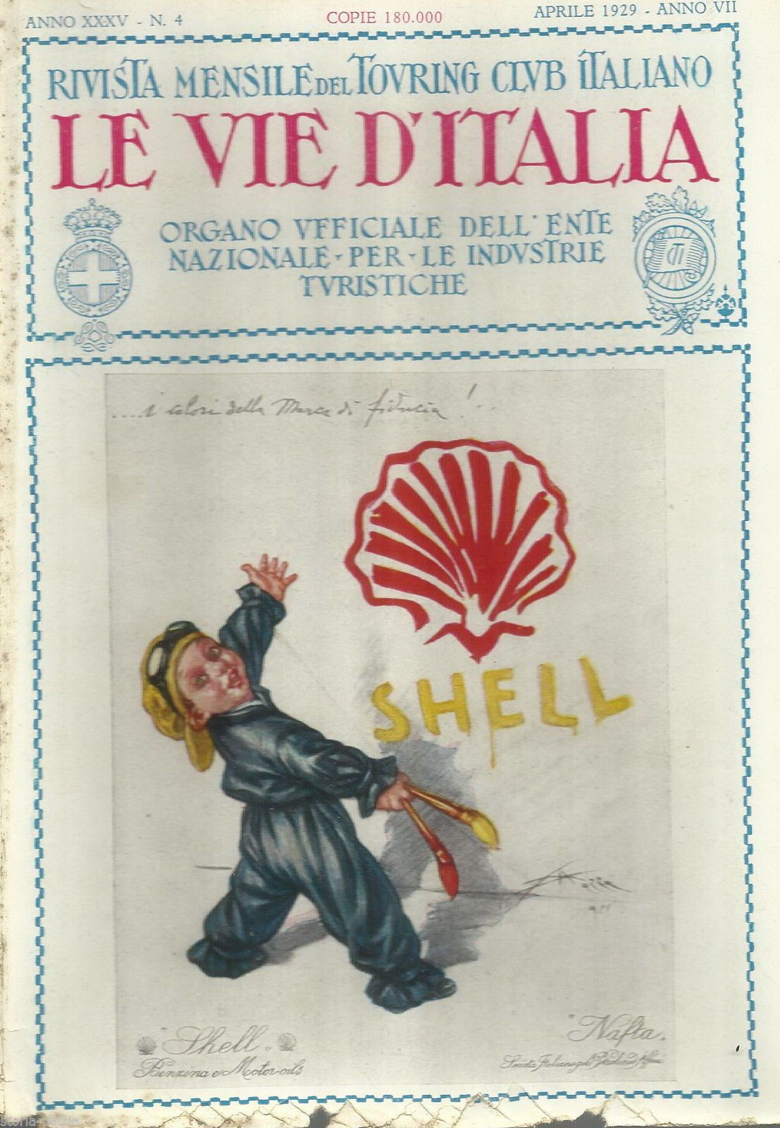 Pubblicità Shell 1929: Illustrazione Di Mazza, Magnesia Erba Ed Elmintolo Bayer (TCI)