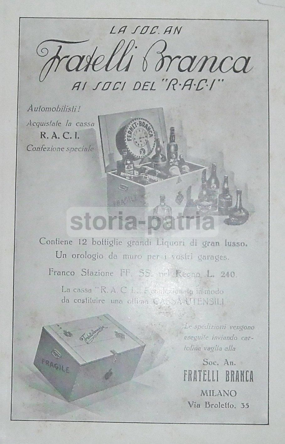 Stampa Pubblicitaria Branca RACI Orologio Garage Anni '30