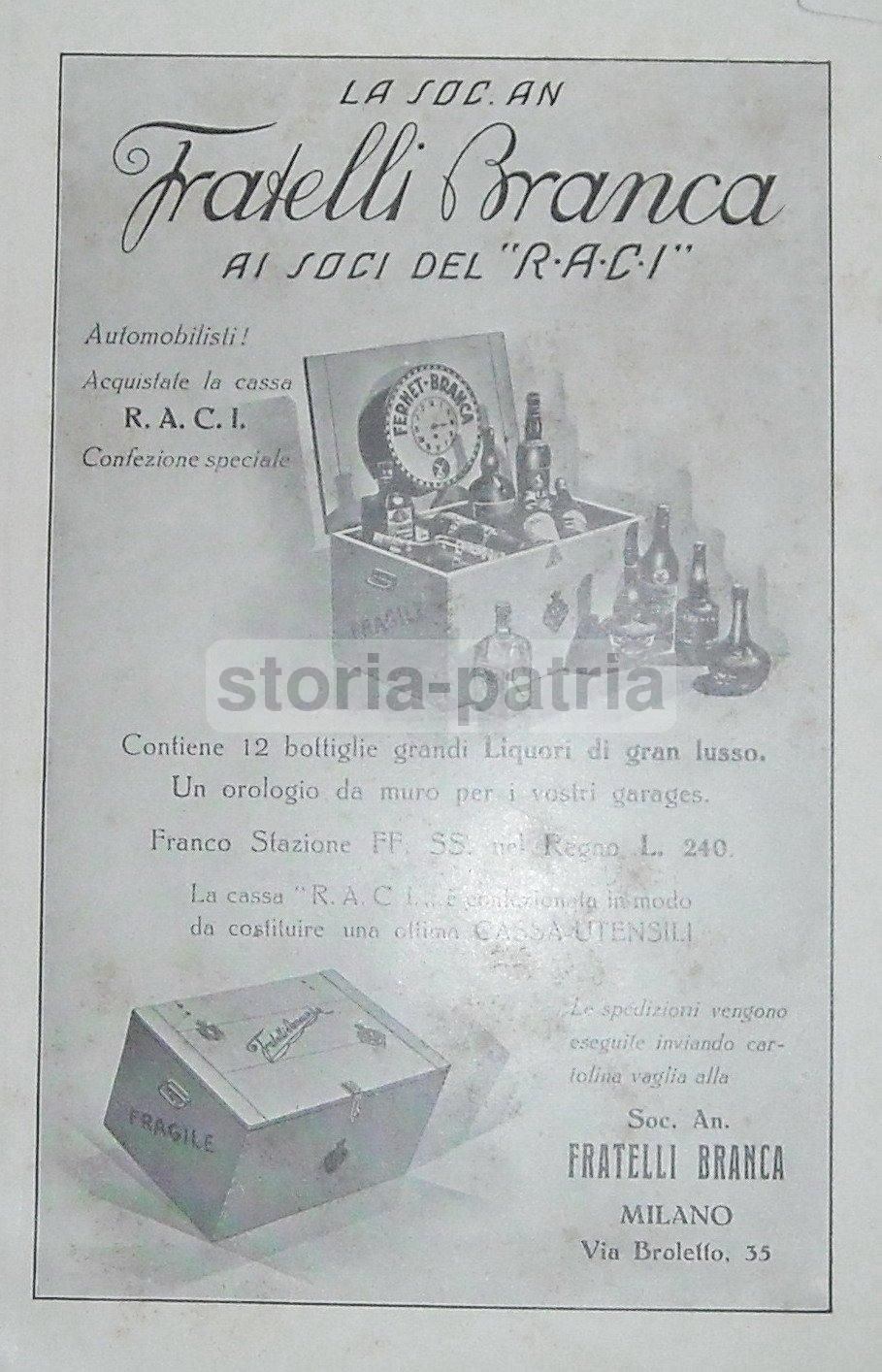 Stampa Pubblicitaria Branca RACI Orologio Garage Anni '30