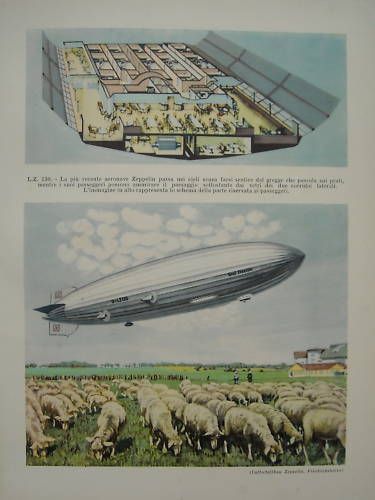 Stampa Dirigibile Zeppelin Anni '40 Con Schema Passeggeri (32x24 Cm)