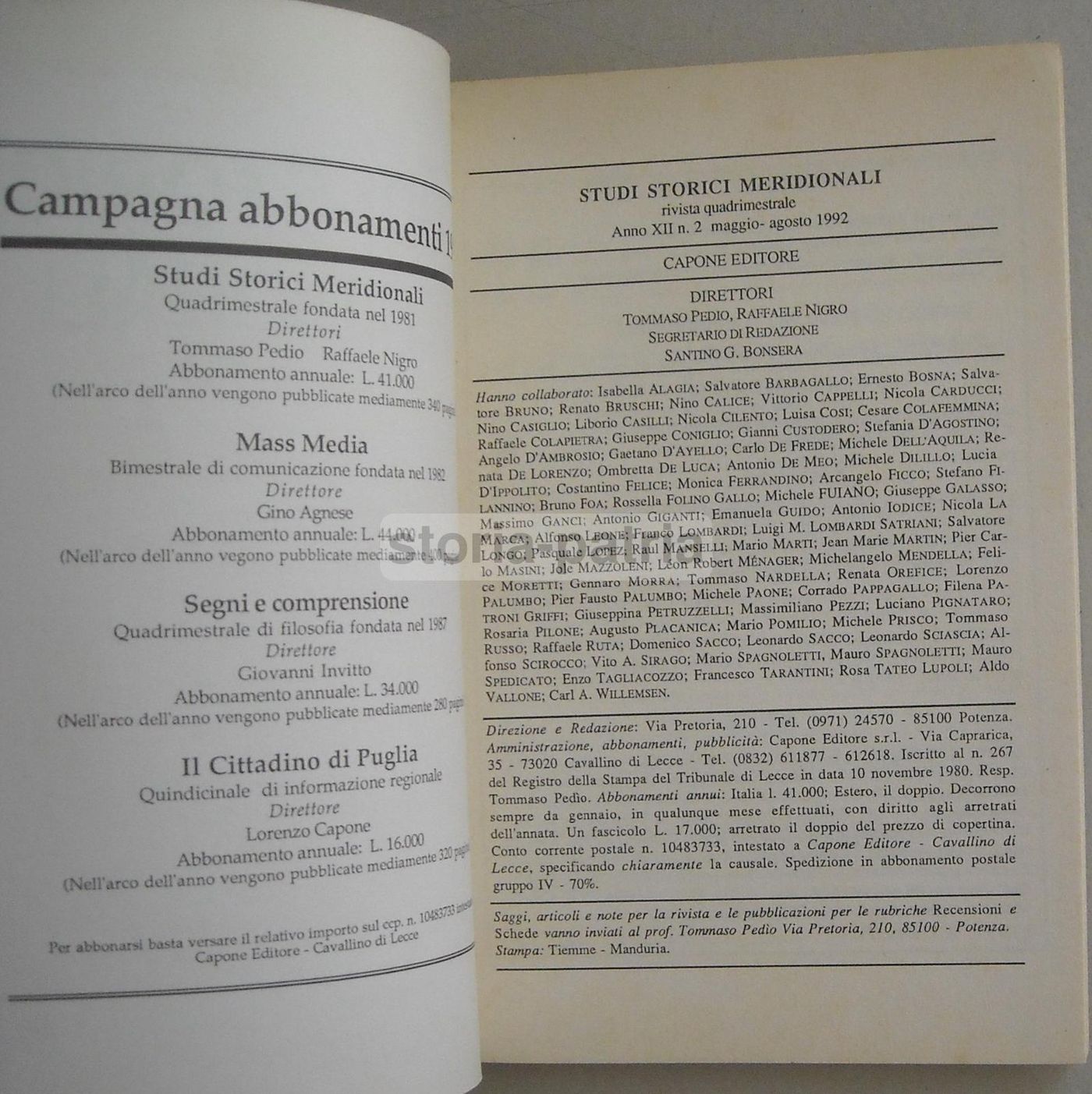 Studi Storici Meridionali 1992: Basilicata, Camorra, Galateo, Salento