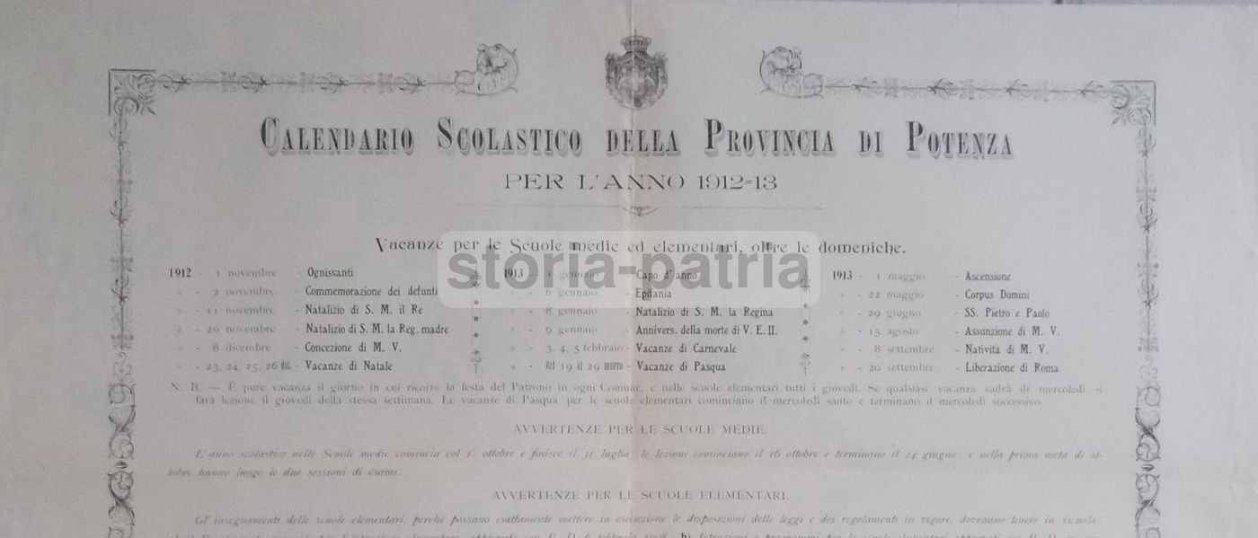 Calendario Scolastico Della Provincia Di Potenza, 1912 13