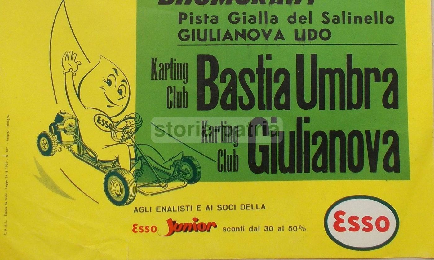 Manifesto Coppa Italia Karting, Giulianova, 1962. Pubblicità Esso