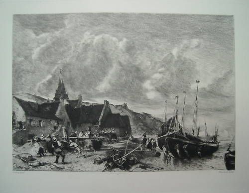 Incisione Originale Villaggio Pescatori Di Mordant Da Isabey Fine '800