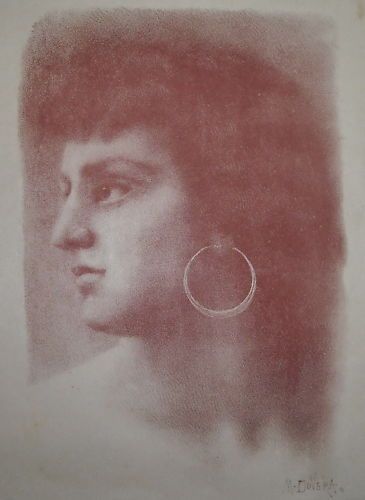 Litografia Antica M. Dovera Fine '800: Profilo Di Donna In Seppia