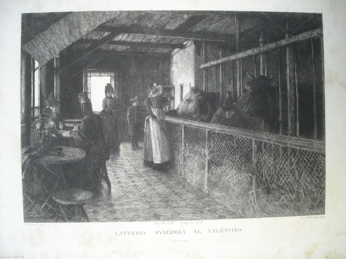 Incisione Antica Latteria Svizzera Al Valentino, Silvestri E Grosso, XIX Secolo