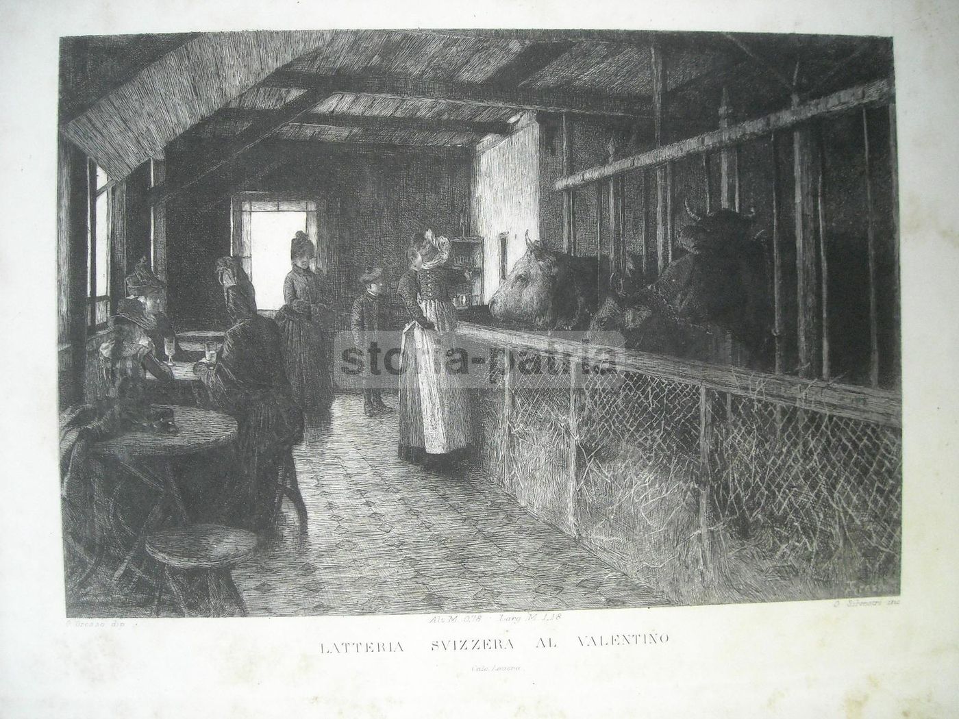 Incisione Antica Latteria Svizzera Al Valentino, Silvestri E Grosso, XIX Secolo