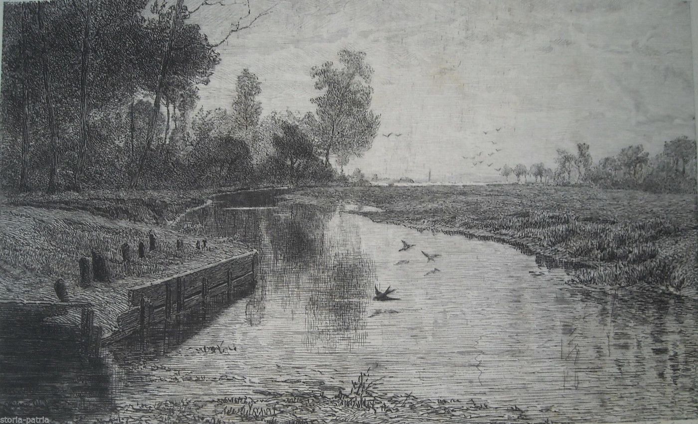 Incisione Antica Turletti: Sponde Del Sangone Da Bertea, 1888