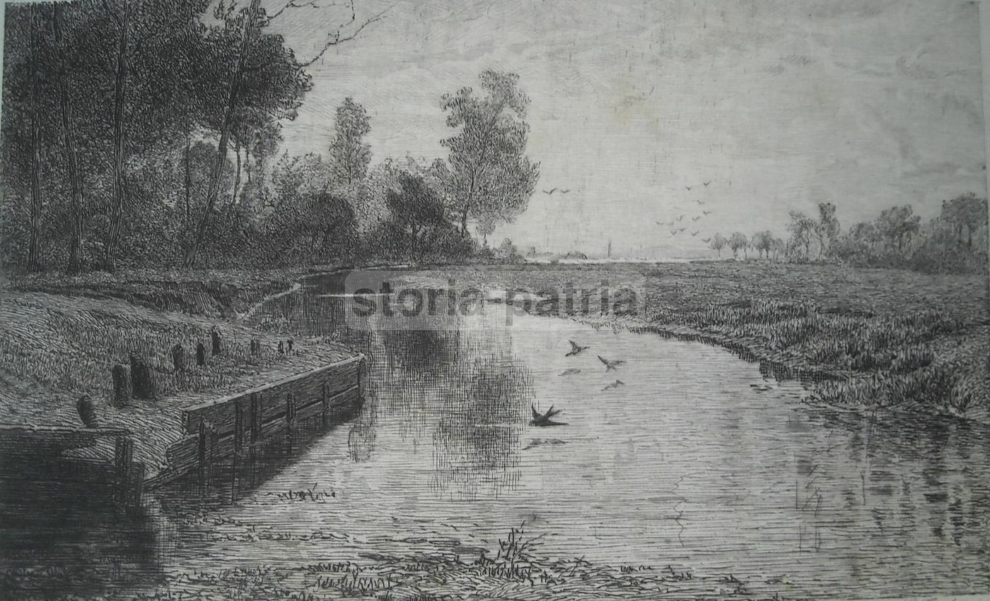 Incisione Antica Turletti: Sponde Del Sangone Da Bertea, 1888
