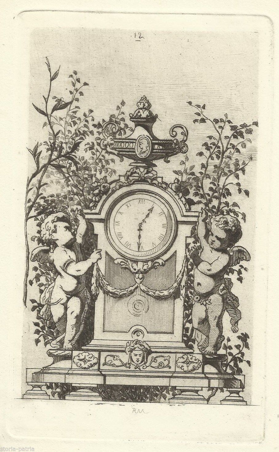 Incisione Antica: Orologio Con Puttini, A.P. Martial (1873)
