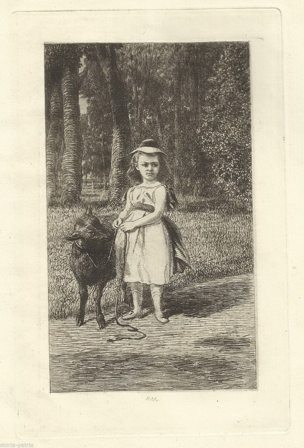 Incisione Originale A.P. Martial 1873, Scena Bucolica Con Pastorella