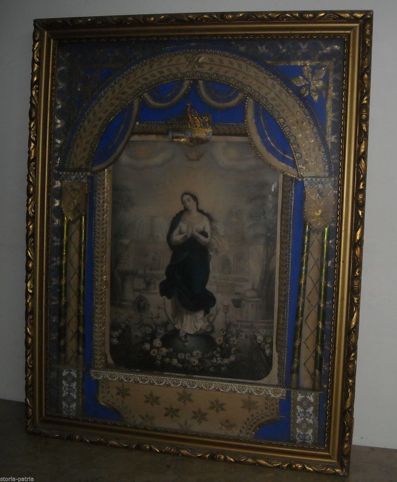 Stampa Devozionale Immacolata Litografia '800 Con Bacheca Artigianale