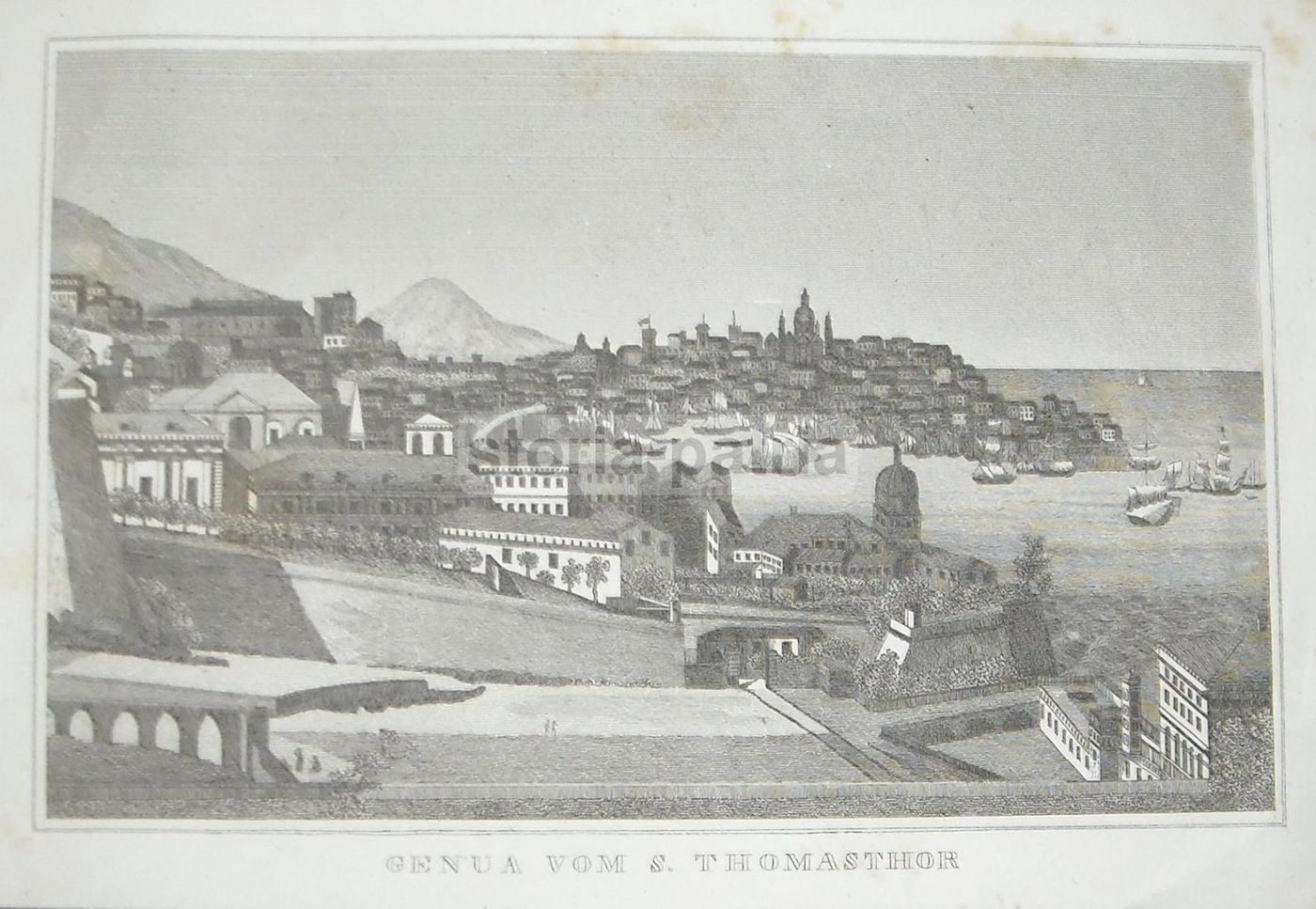 Antica Incisione, Veduta Panoramica Di Genova Da Porta San Tommaso, XIX Secolo