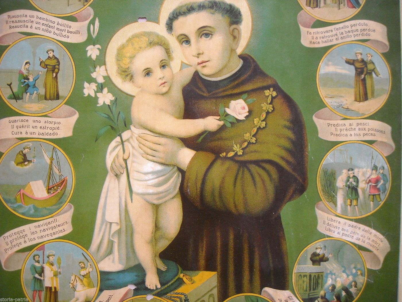 Stampa Cromolitografica Sant'Antonio Di Padova Con 12 Miracoli