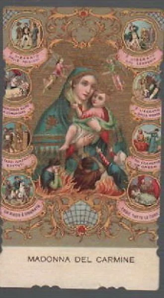 Holy Card, Our Lady of Mount Carmel with Miracles, Chromolithograph, 1900