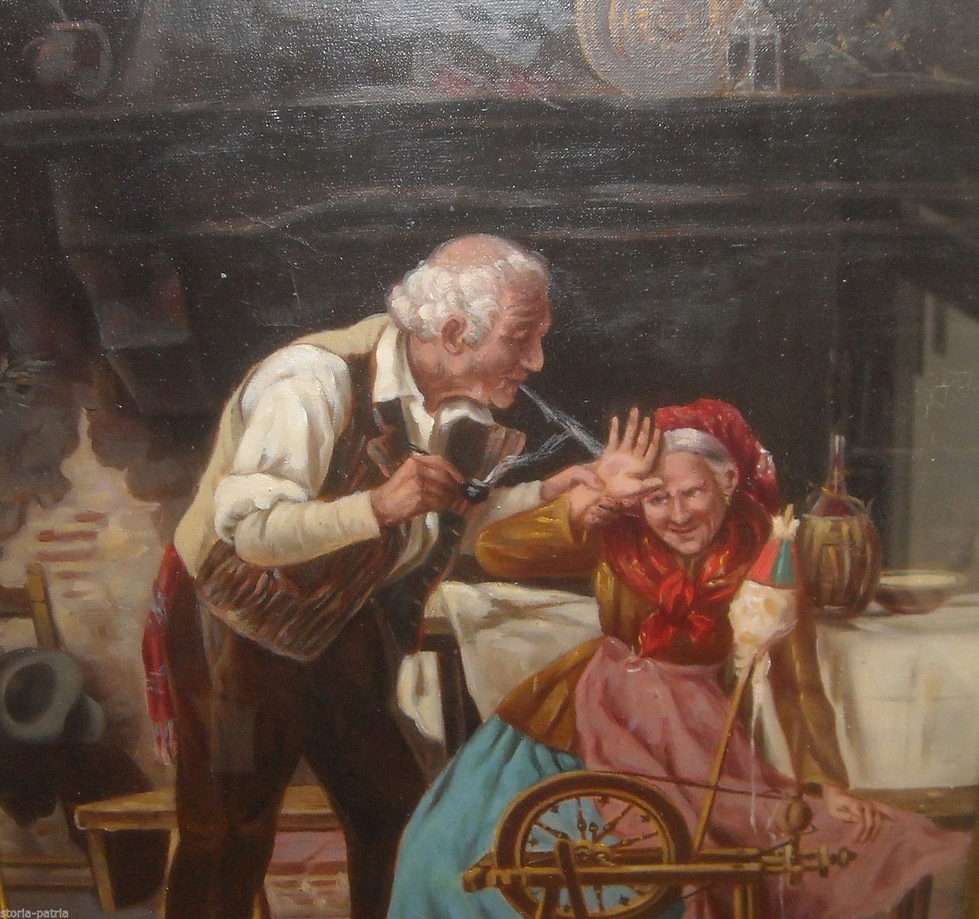 Dipinto Olio Su Tela L. Colli, Scena Popolare Con Anziana Filatrice