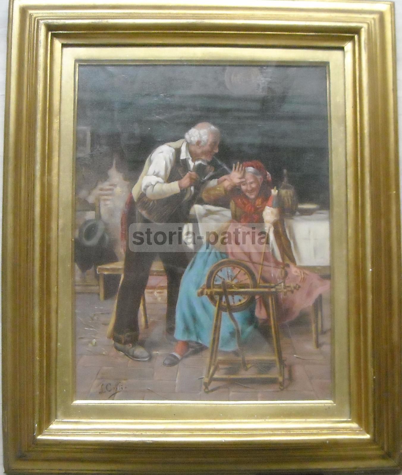 Dipinto Olio Su Tela L. Colli, Scena Popolare Con Anziana Filatrice