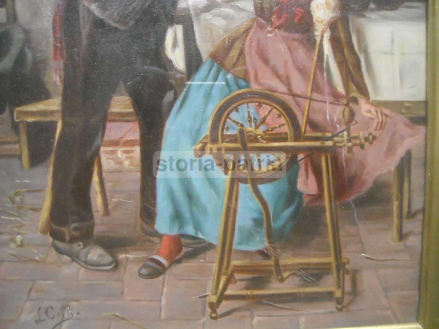 Dipinto Olio Su Tela L. Colli, Scena Popolare Con Anziana Filatrice