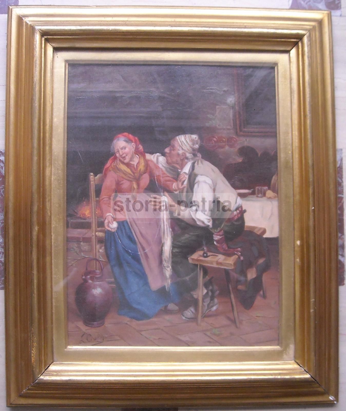 Dipinto Olio Su Tela, Coppia Di Anziani In Interno Popolare, L. Colli