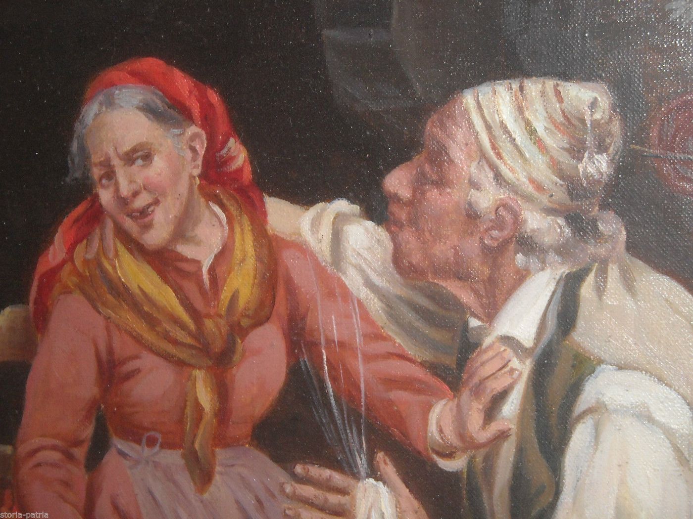 Dipinto Olio Su Tela, Coppia Di Anziani In Interno Popolare, L. Colli