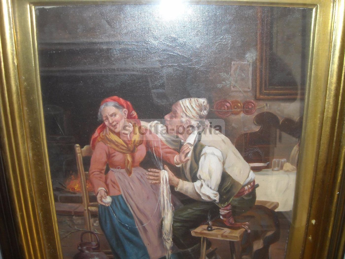 Dipinto Olio Su Tela, Coppia Di Anziani In Interno Popolare, L. Colli