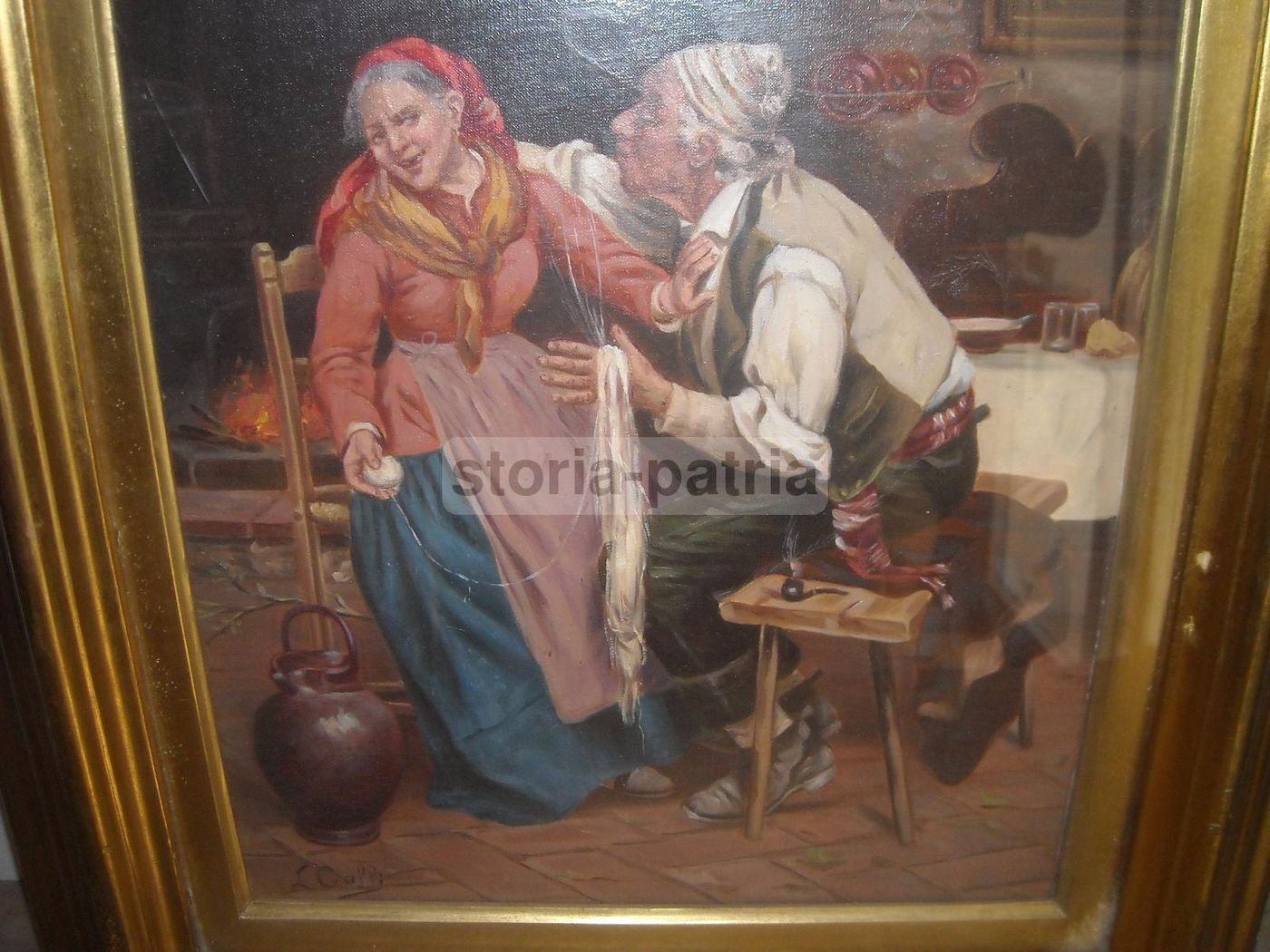 Dipinto Olio Su Tela, Coppia Di Anziani In Interno Popolare, L. Colli