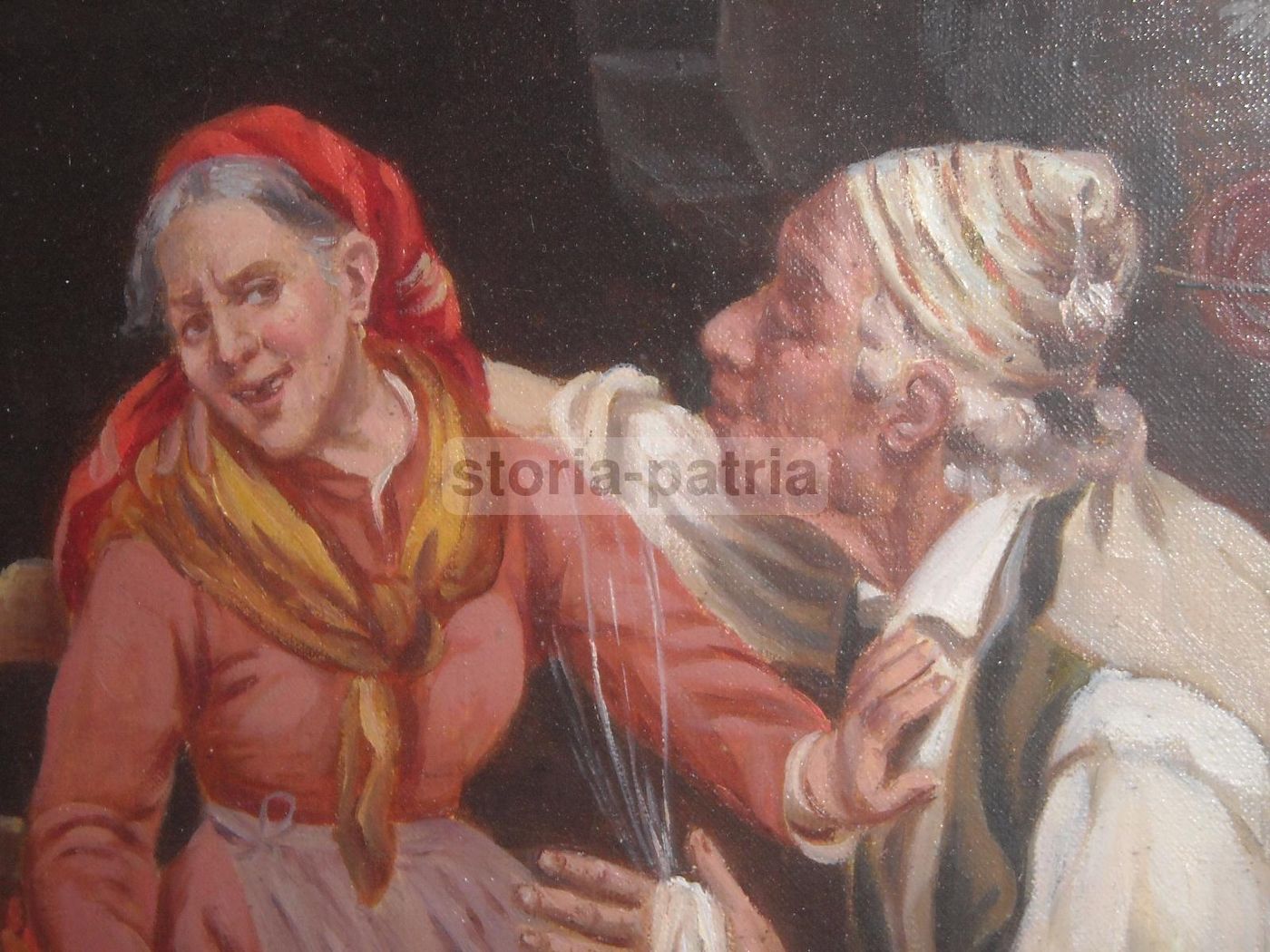Dipinto Olio Su Tela, Coppia Di Anziani In Interno Popolare, L. Colli