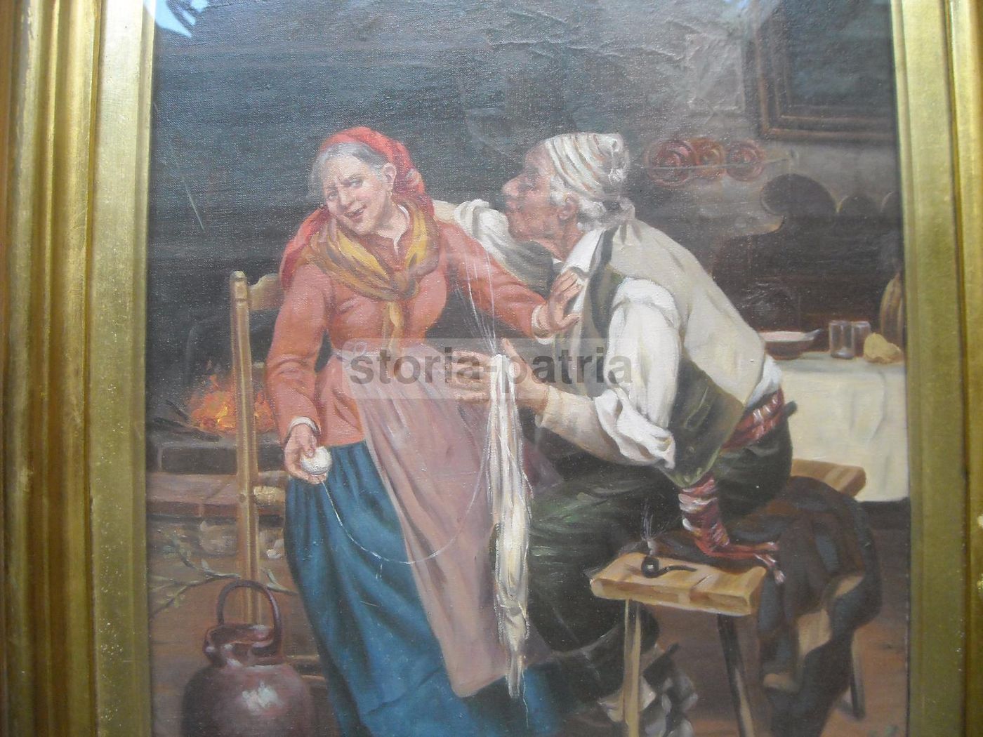 Dipinto Olio Su Tela, Coppia Di Anziani In Interno Popolare, L. Colli