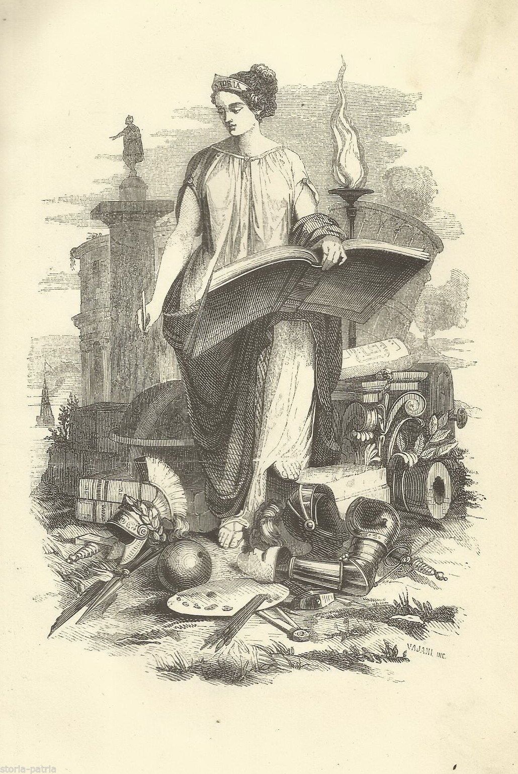 Allegoria Delle Arti, Antica Incisione Xilografica Di Vajani, 1856