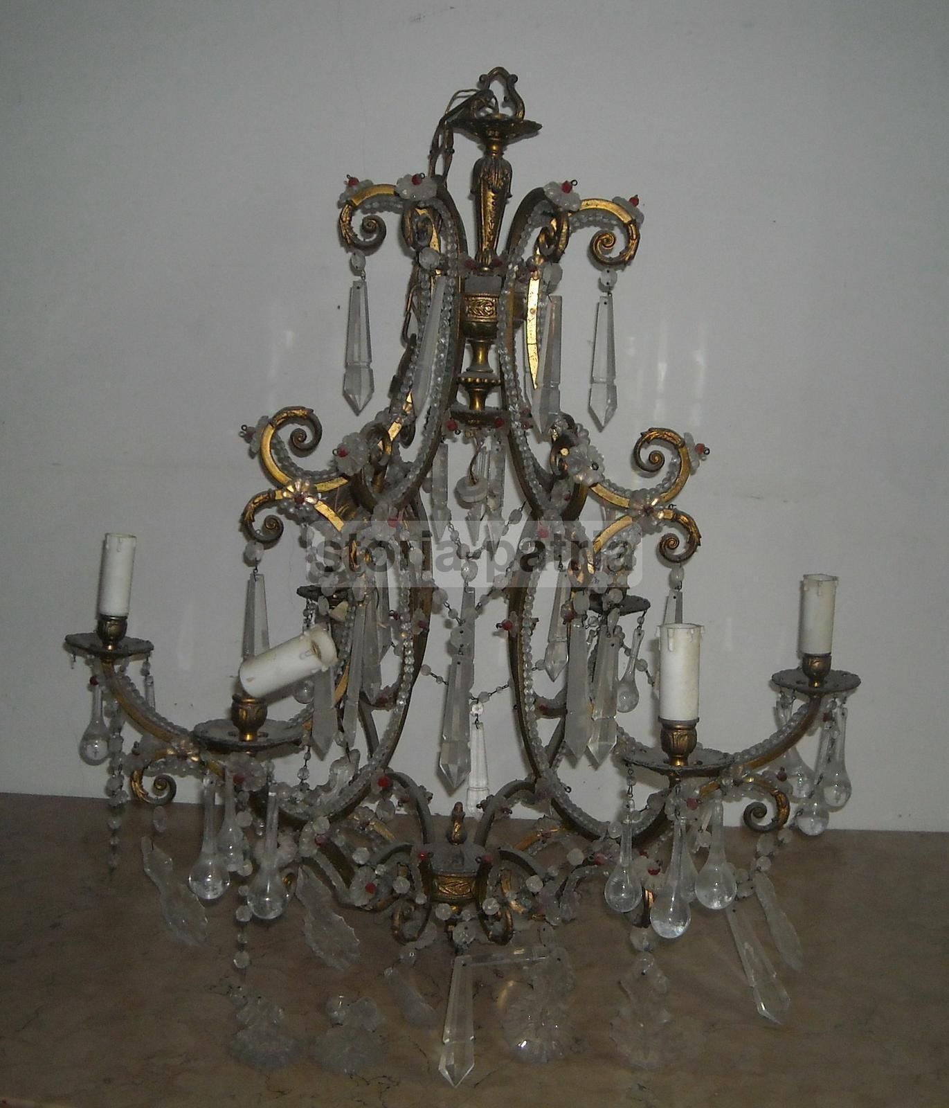 Lampadario Antico In Ottone Dorato Con Pendenti In Vetro, Metà XIX Secolo