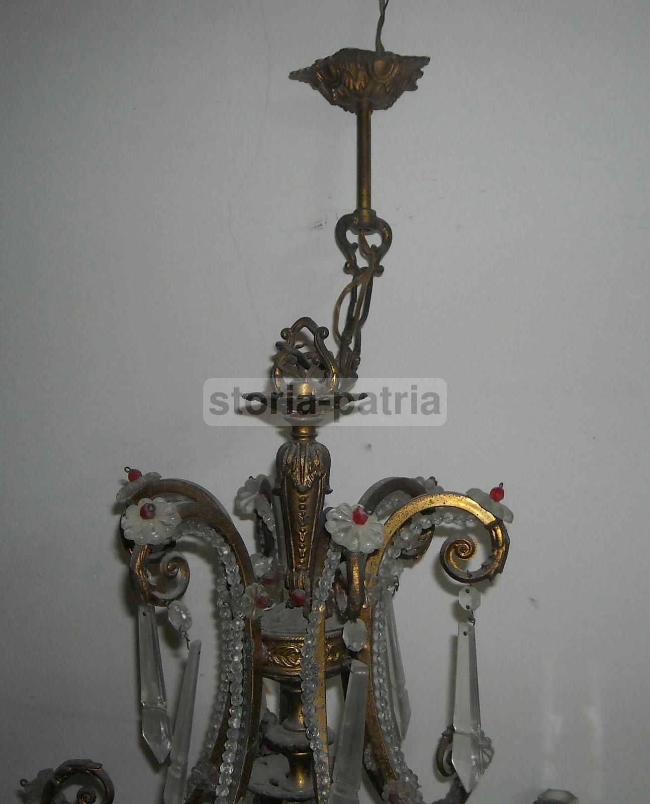 Lampadario Antico In Ottone Dorato Con Pendenti In Vetro, Metà XIX Secolo