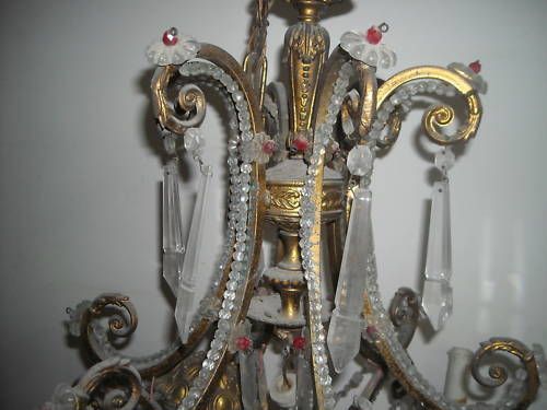 Lampadario Antico In Ottone Dorato Con Pendenti In Vetro, Metà XIX Secolo