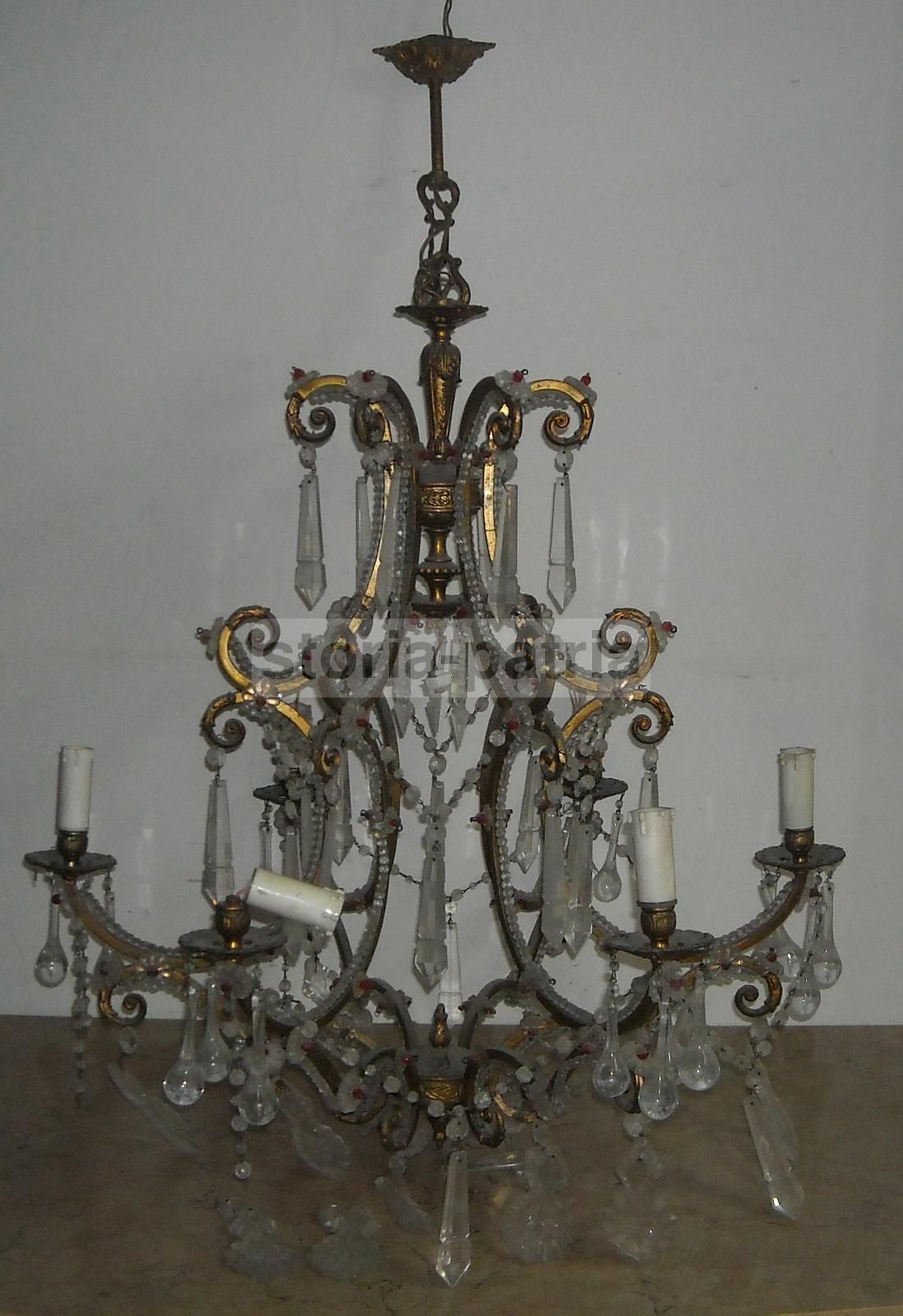 Lampadario Antico In Ottone Dorato Con Pendenti In Vetro, Metà XIX Secolo