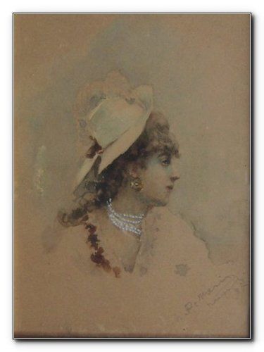 Acquerello De Maria, Napoli 1887. Ritratto Di Signora Dell'Ottocento