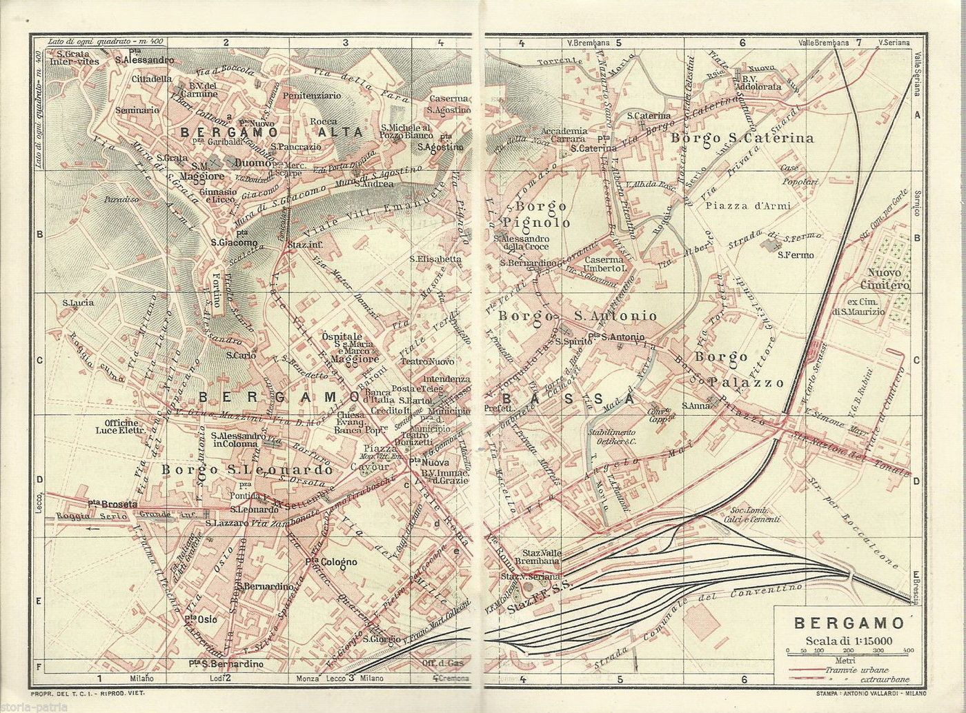 Mappa Topografica Antica Di Bergamo Alta E Bassa, 1926 (Vallardi/TCI)