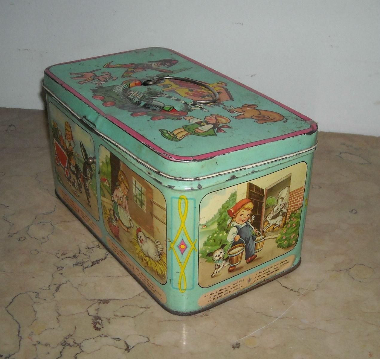 Scatola In Latta Bertolini Con Arlecchino E Mariarosa, Anni '50
