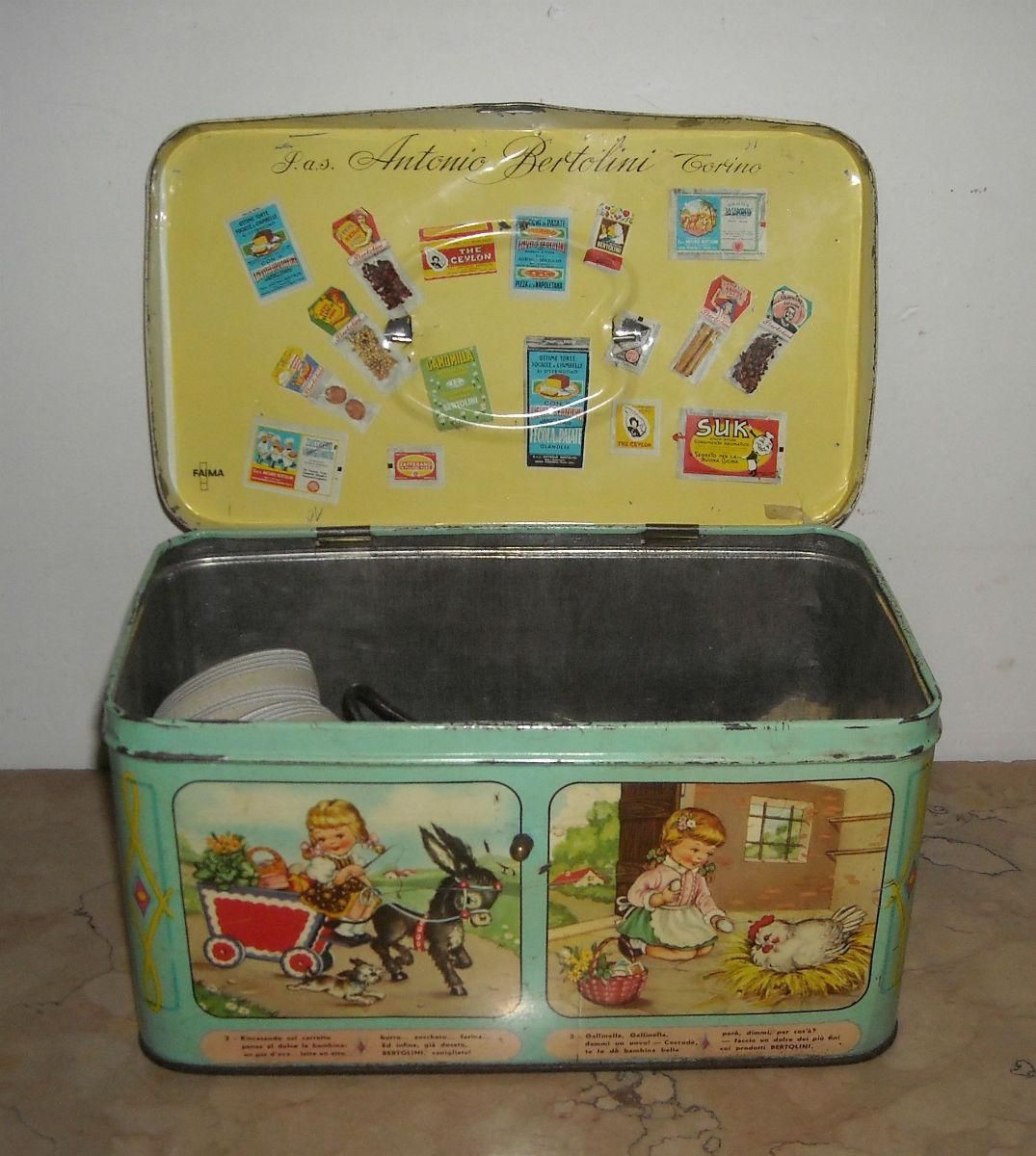 Scatola In Latta Bertolini Con Arlecchino E Mariarosa, Anni '50