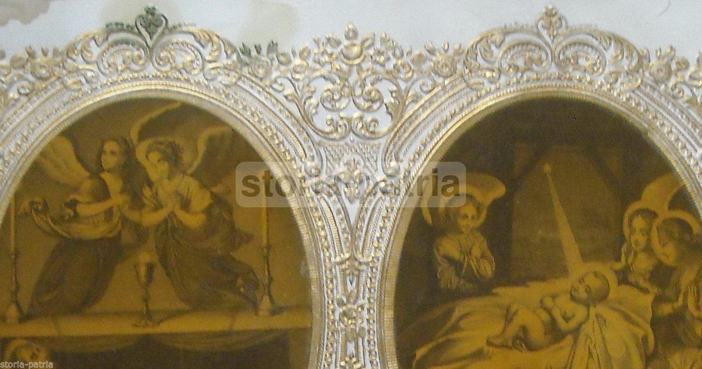 Stampa Antica: Natività E Sepolcro Di Gesù Con Angeli