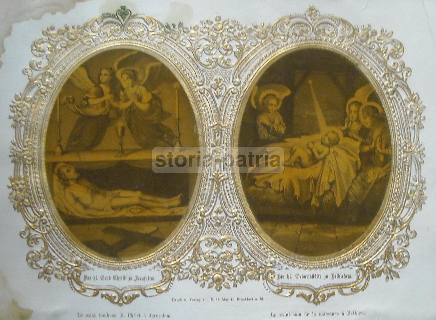Stampa Antica: Natività E Sepolcro Di Gesù Con Angeli