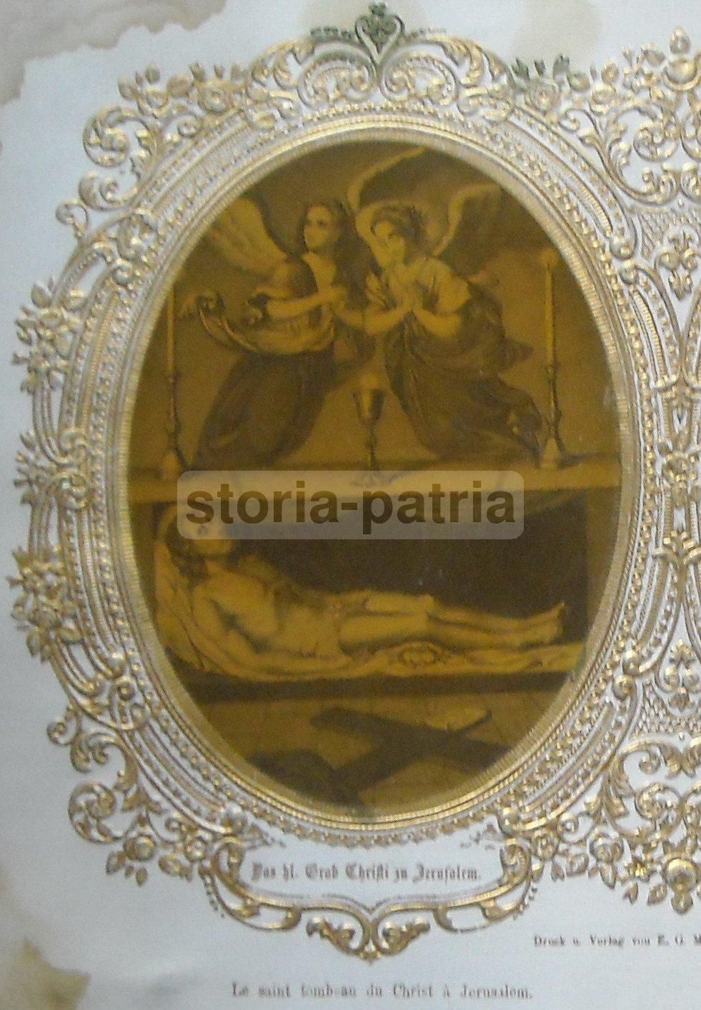 Stampa Antica: Natività E Sepolcro Di Gesù Con Angeli