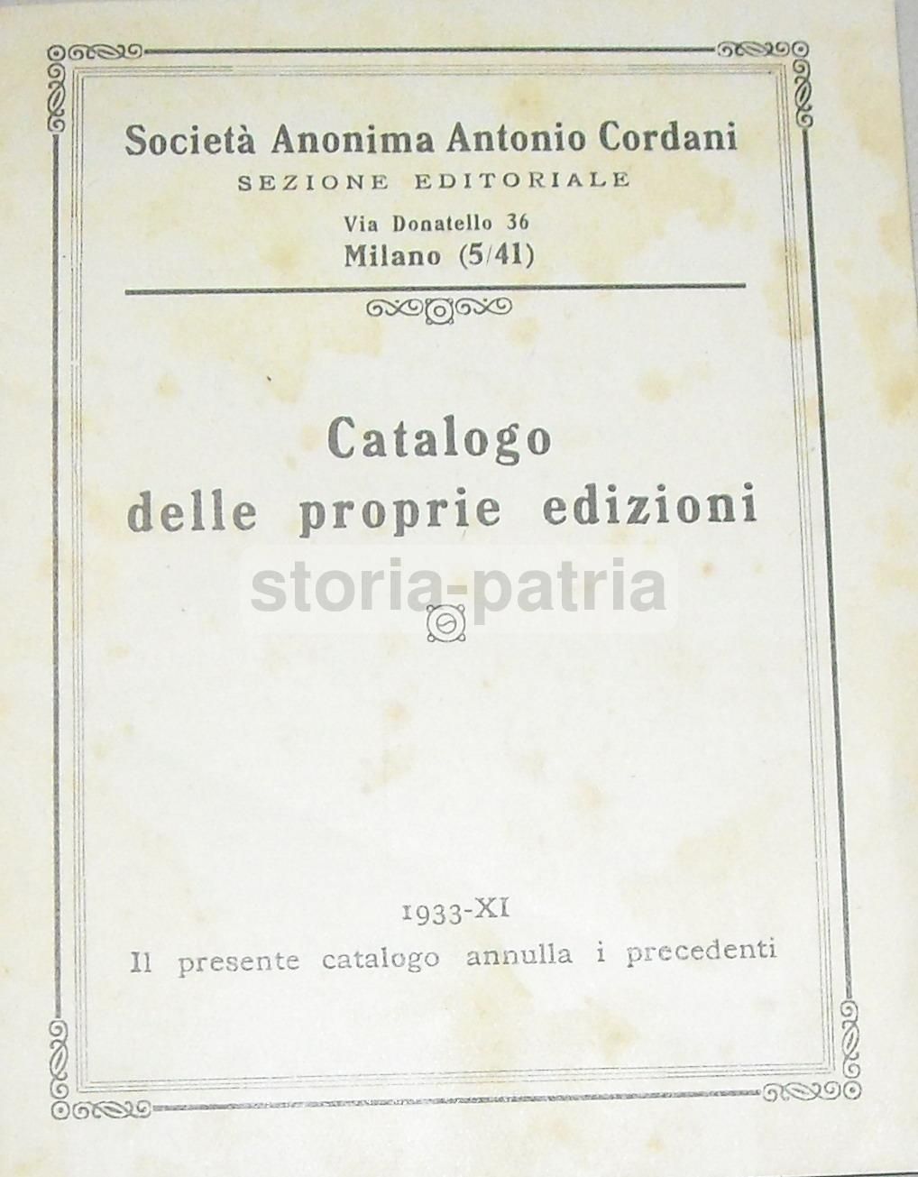 Catalogo Edizioni Cordani 1933 Milano: Medicina E Storia Locale