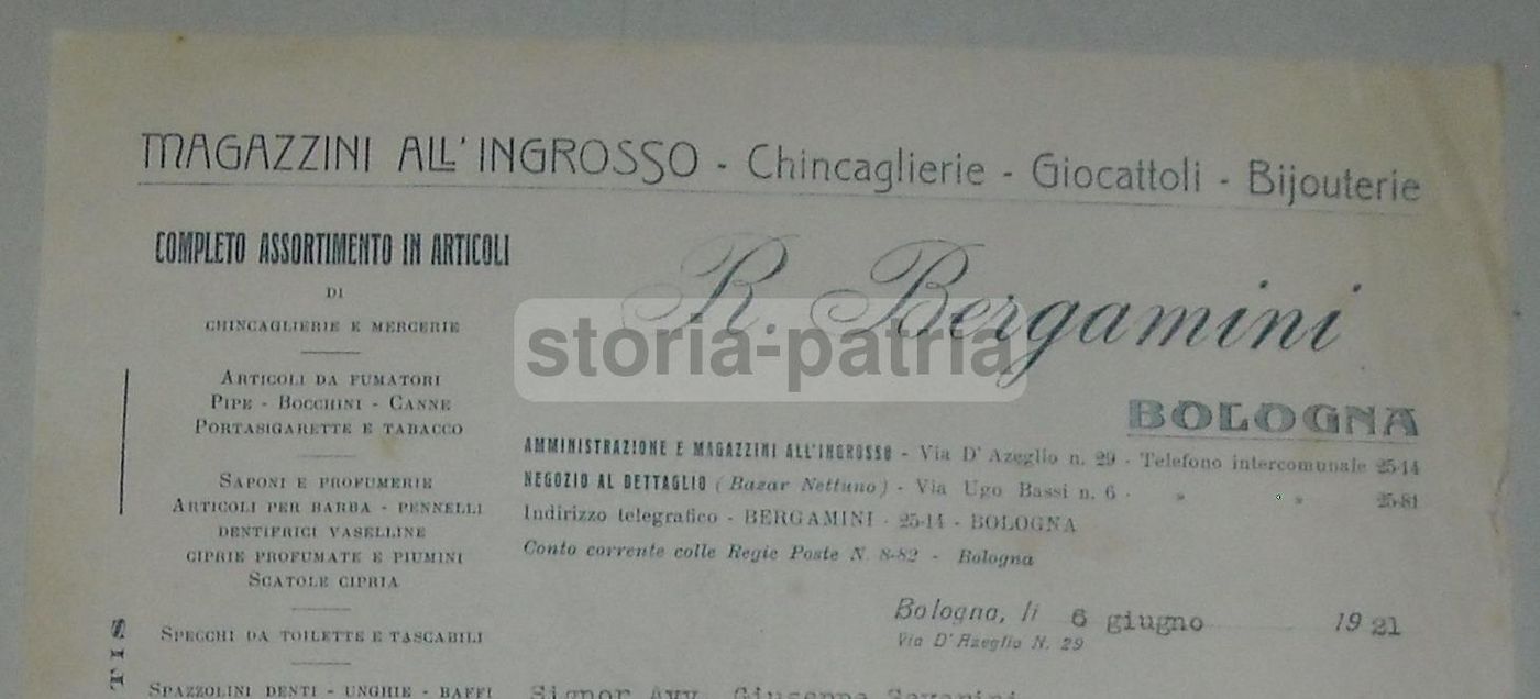 Carta Intestata Pubblicitaria R. Bergamini Bologna 1921