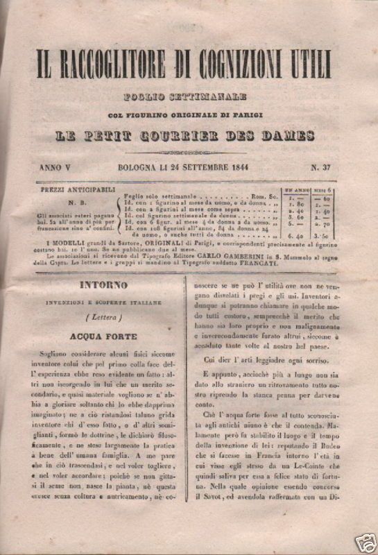 Il Raccoglitore Di Cognizioni Utili 1844: Periodico Bolognese Su Acquaforte E Medicina