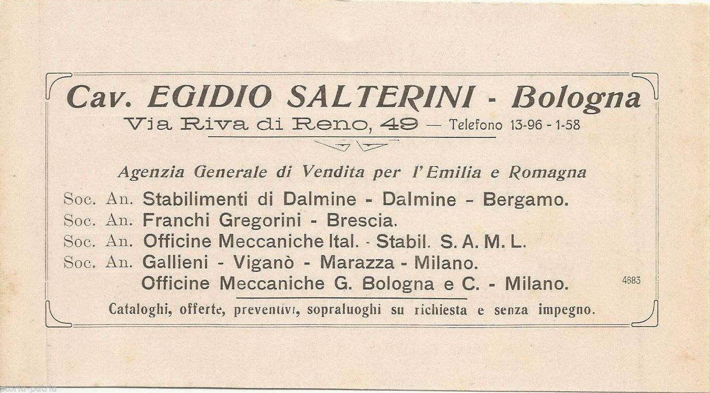 Pubblicità Egidio Salterini Bologna Tubi Acciaio Molini 1922